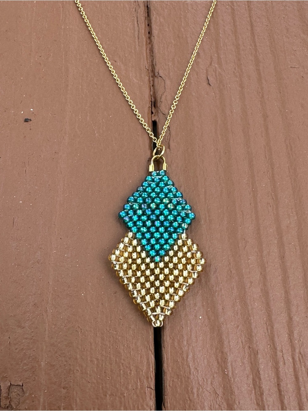 Handmade Gold and Teal Beaded Pendant Necklace